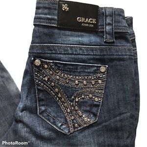 Grace in LA Rhinestone Embellished Jeans Long 28
